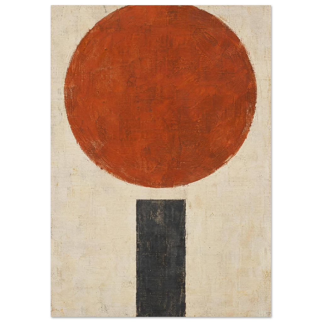 Large textured terracotta circle above a narrow charcoal rectangle on a distressed cream background.
