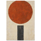 Large textured terracotta circle above a narrow charcoal rectangle on a distressed cream background.