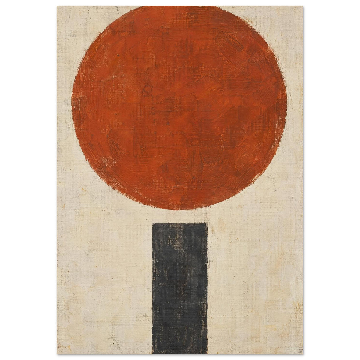 Large textured terracotta circle above a narrow charcoal rectangle on a distressed cream background.