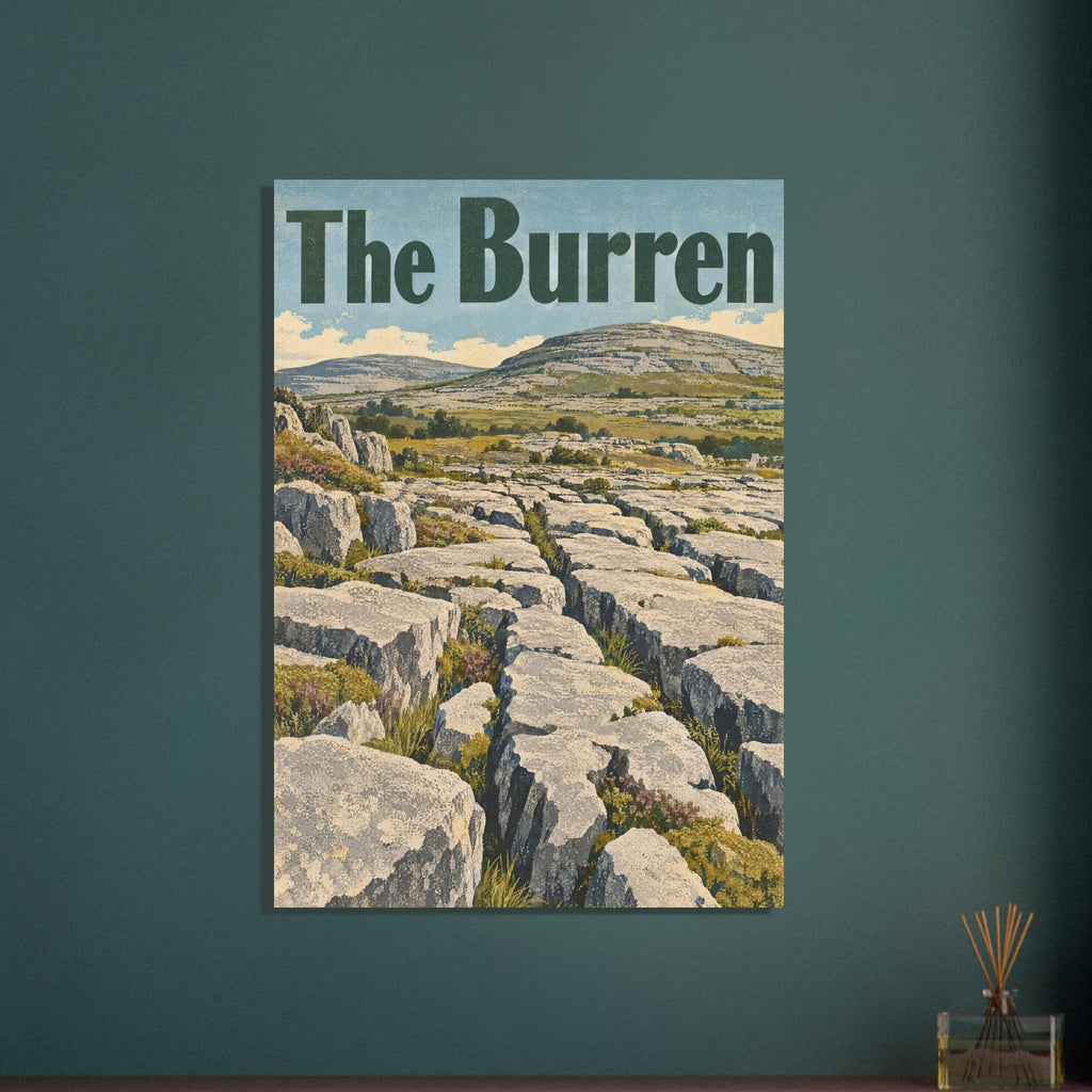 The Burren poster with dark green lettering, cracked limestone slabs, grassy hills and a muted blue sky.