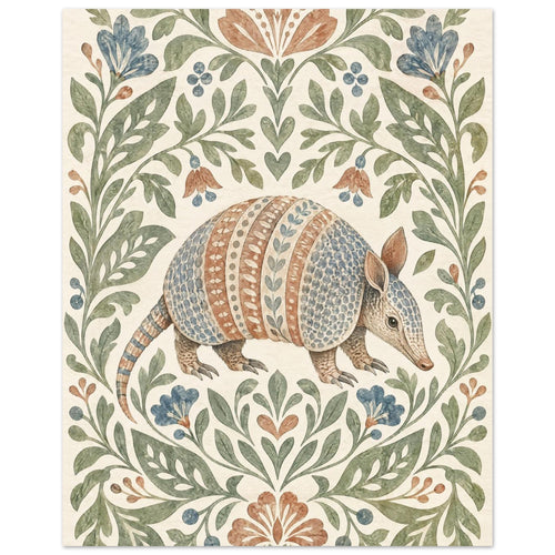 Patterned armadillo surrounded by green leaves and muted blue and terracotta flowers on a cream background.