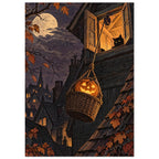 Glowing pumpkin in a hanging basket below a black cat at an attic window, with moonlit rooftops and autumn leaves.