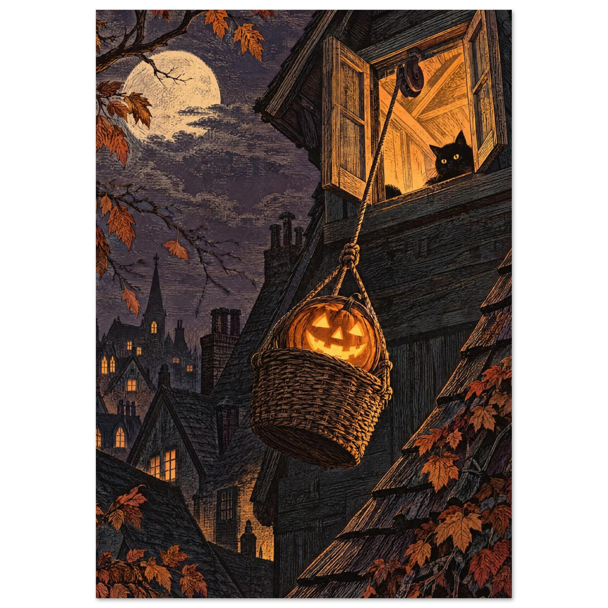 Glowing pumpkin in a hanging basket below a black cat at an attic window, with moonlit rooftops and autumn leaves.