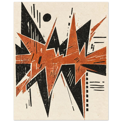 Jagged orange and black geometric shapes with scattered lines and a black circle on a textured cream background.