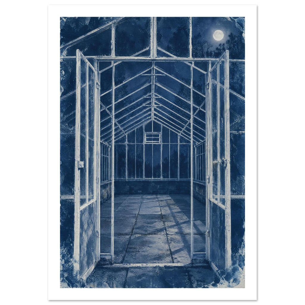 Greenhouse with open double doors, pale framework and tiled floor in deep blue, with a full moon and distressed edges.