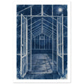 Greenhouse with open double doors, pale framework and tiled floor in deep blue, with a full moon and distressed edges.