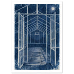 Greenhouse with open double doors, pale framework and tiled floor in deep blue, with a full moon and distressed edges.