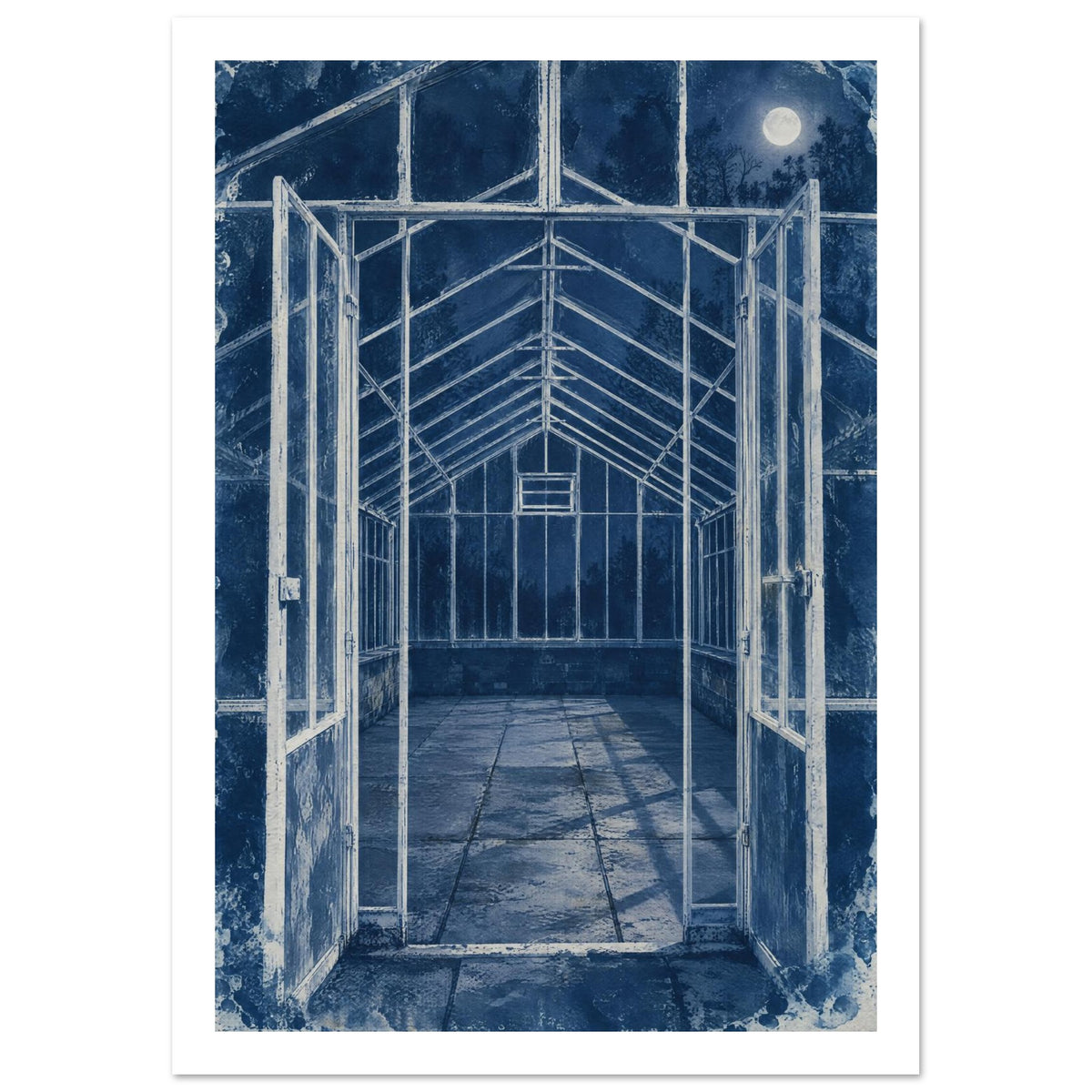 Greenhouse with open double doors, pale framework and tiled floor in deep blue, with a full moon and distressed edges.