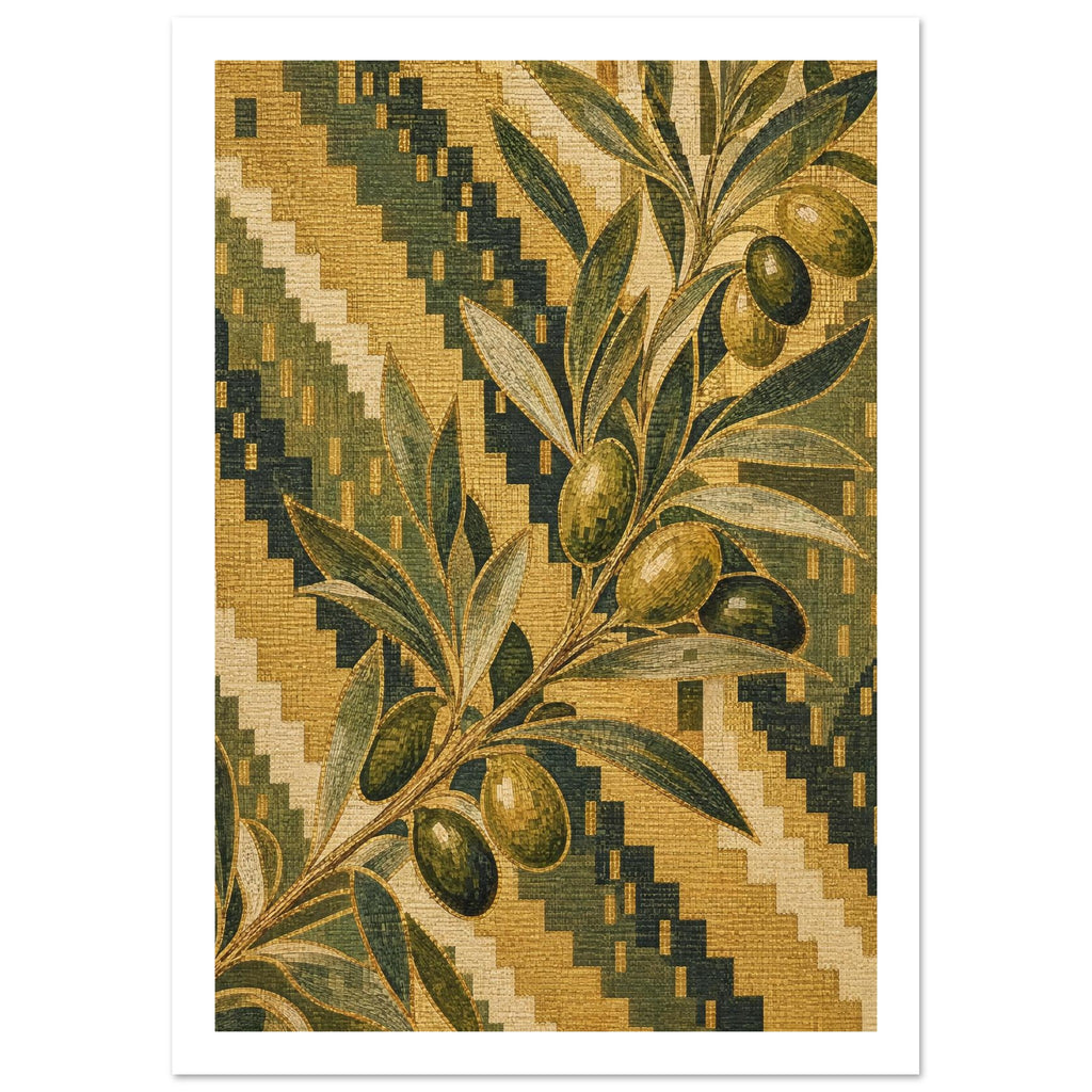 Olive branch with green olives and slender leaves over a green, ochre and cream stepped pattern with woven-look texture.