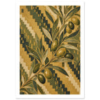Olive branch with green olives and slender leaves over a green, ochre and cream stepped pattern with woven-look texture.