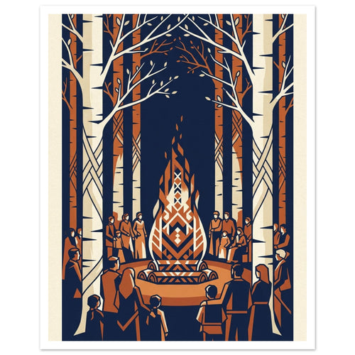Birch trees surround people gathered around a geometric bonfire, illustrated in navy, cream and rust orange.