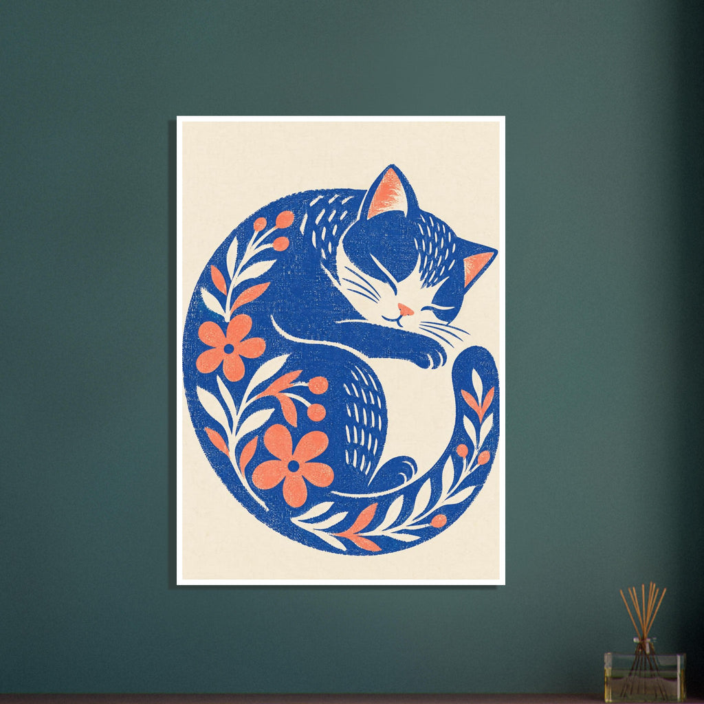Blue sleeping cat curled into a crescent, decorated with coral flowers and leafy sprigs on a cream background.