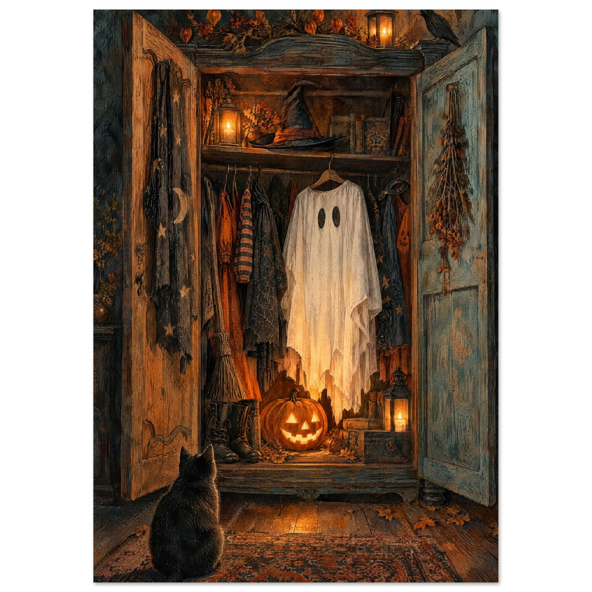 Open wooden cupboard with a ghost costume, witch’s hat, glowing pumpkin and lanterns, with a black cat sitting in front.