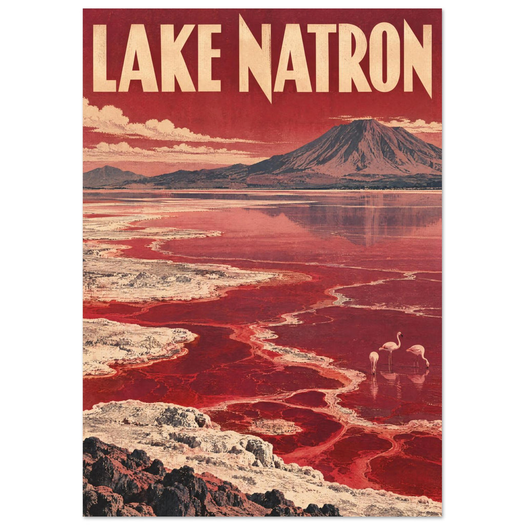 Lake Natron in red and cream with a mountain reflection, winding shorelines, three flamingos and large cream lettering.