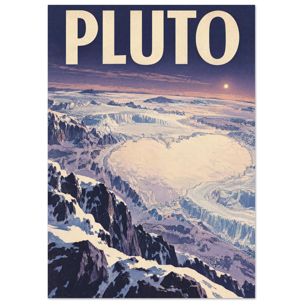 Pluto lettering above an illustrated icy landscape with jagged mountains, frozen plains and a small glowing orb.