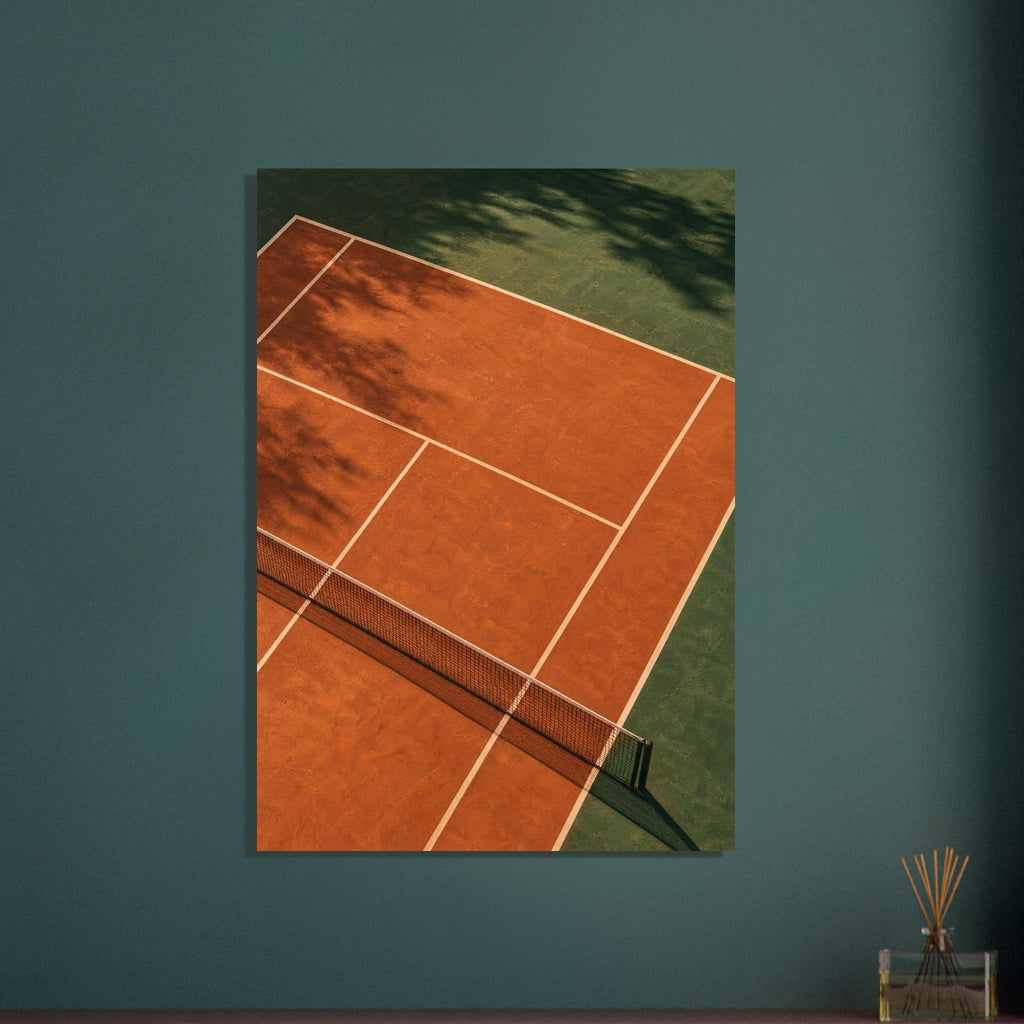 Terracotta tennis court viewed from above, with green surrounds, pale lines, a dark net and tree shadows.