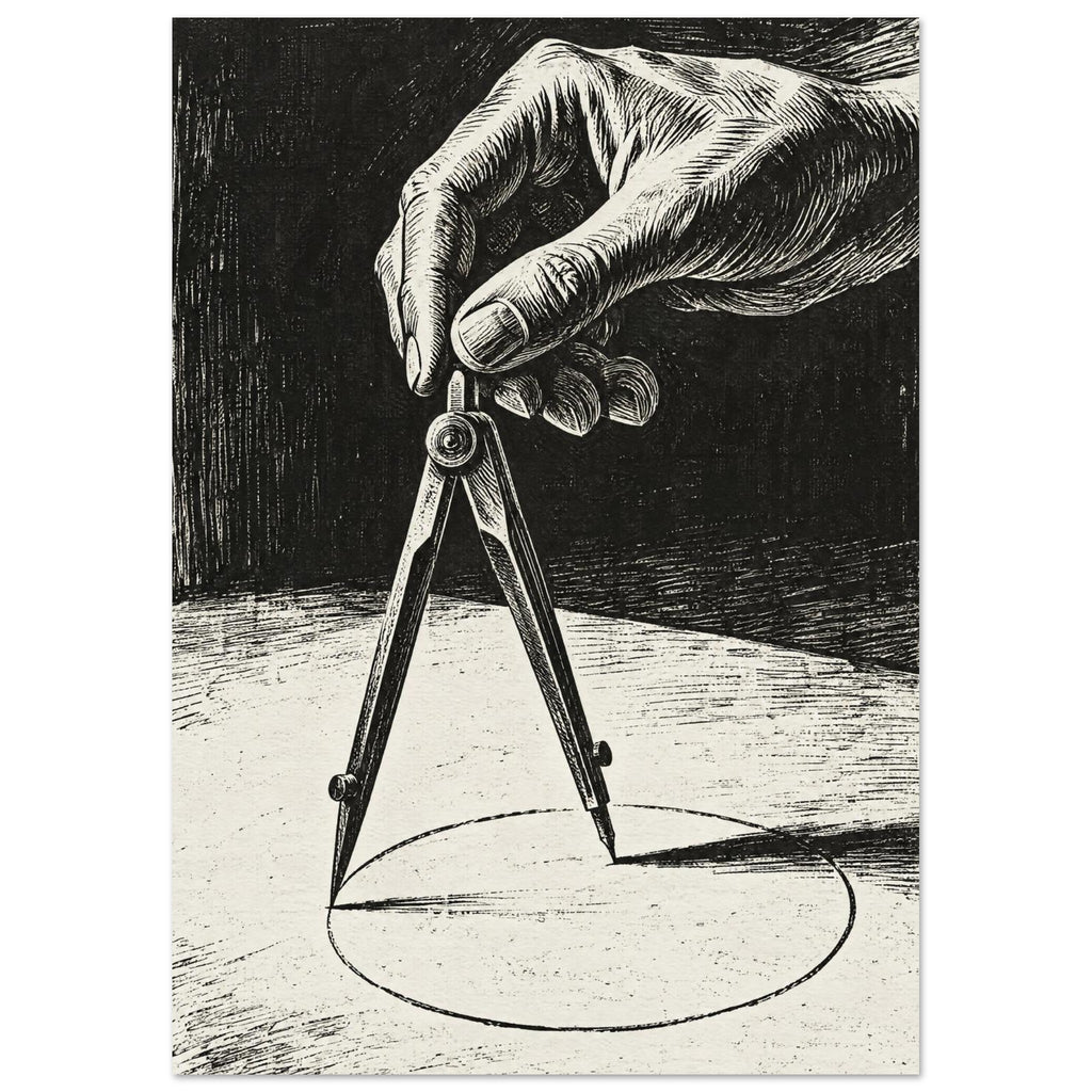 Hand holding a drawing compass over a circle, rendered in detailed black hatching against a cream surface and dark background
