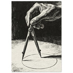 Hand holding a drawing compass over a circle, rendered in detailed black hatching against a cream surface and dark background