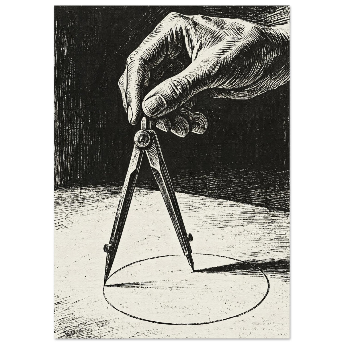 Hand holding a drawing compass over a circle, rendered in detailed black hatching against a cream surface and dark background
