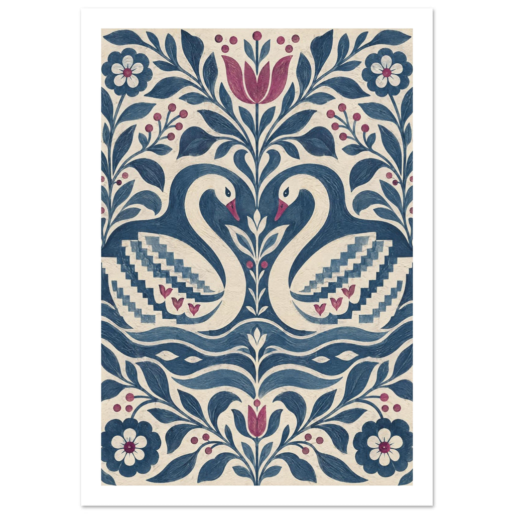 Two cream swans with blue patterned wings face each other among blue foliage and burgundy flowers on a cream background.