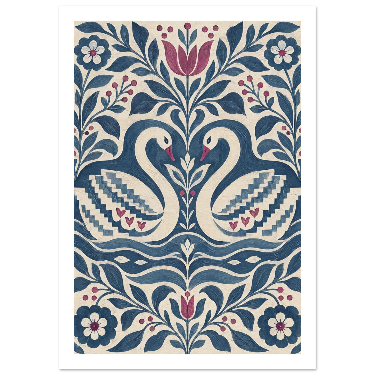 Two cream swans with blue patterned wings face each other among blue foliage and burgundy flowers on a cream background.