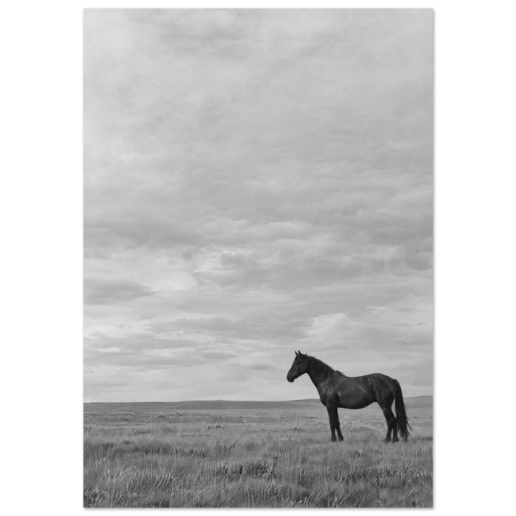 Lone dark horse standing in grass beneath an expansive cloudy sky, photographed in black and white.