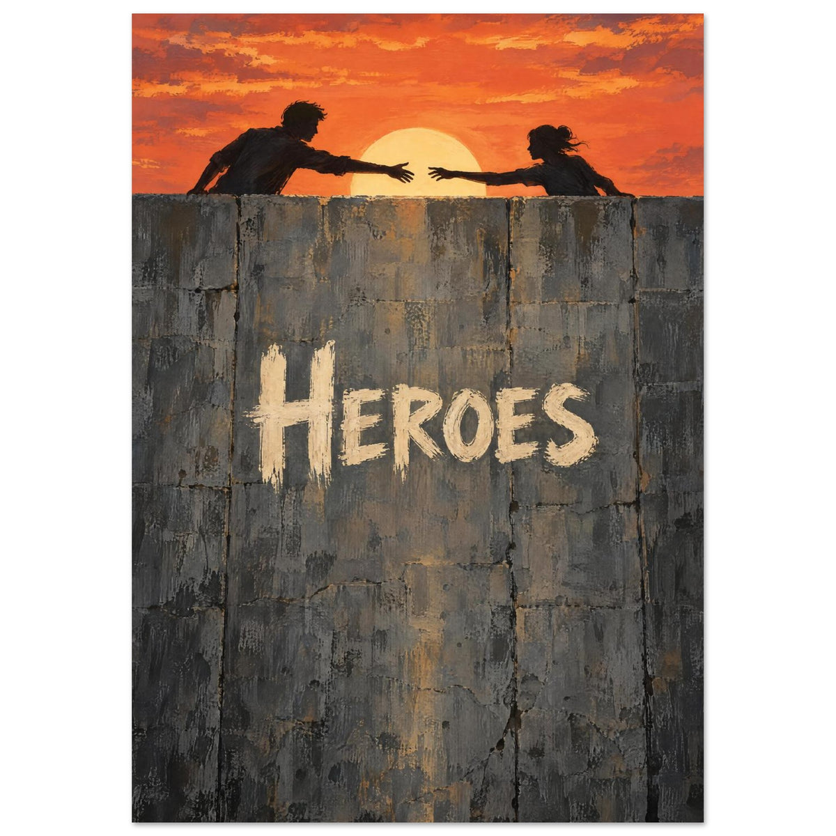 Two silhouetted figures reaching towards each other at sunset above a cracked grey wall bearing the word ‘Heroes’.