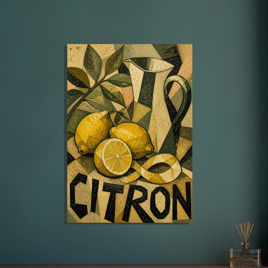 Angular lemons, a cut lemon and curled peel beside a tall jug and leafy branch, with bold CITRON lettering below.