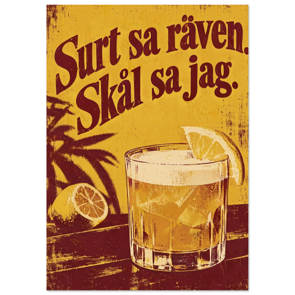 Lemon cocktail with ice beside a halved lemon, beneath burgundy Swedish lettering on a distressed yellow background.