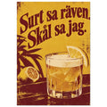 Lemon cocktail with ice beside a halved lemon, beneath burgundy Swedish lettering on a distressed yellow background.