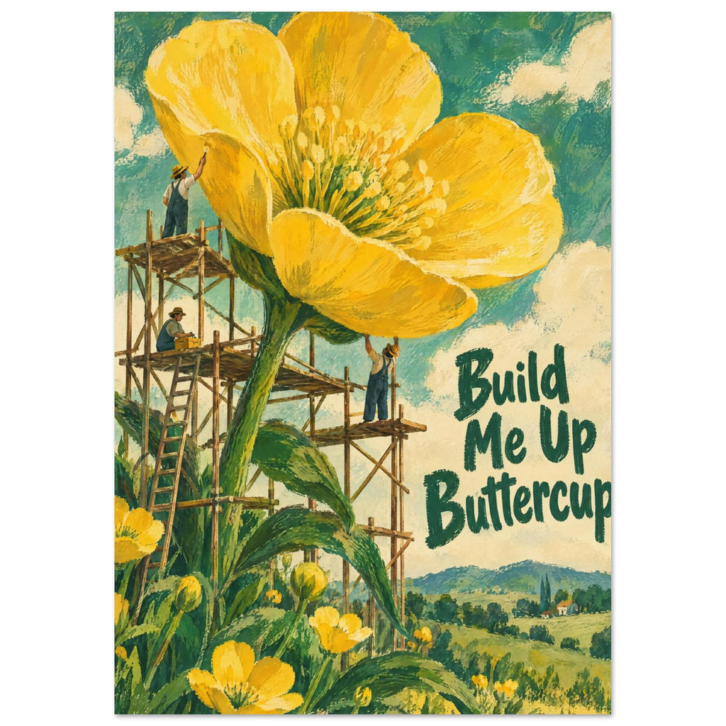Giant yellow buttercup surrounded by workers on wooden scaffolding, with green “Build Me Up Buttercup” lettering.