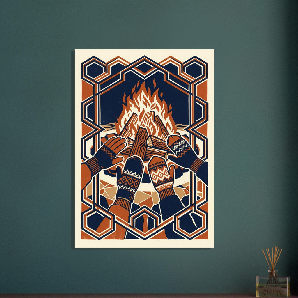 Four gloved and mittened hands held towards a bonfire, in navy, rust and cream with an interlocking geometric border.