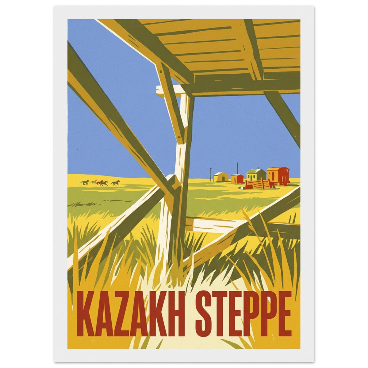 Kazakh Steppe Retro Travel Poster – Framed