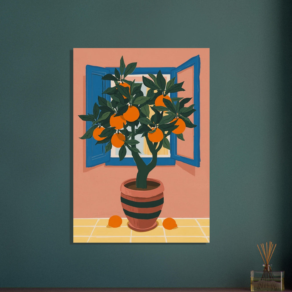 Orange tree in a striped terracotta pot before an open blue window, with peach walls and oranges on yellow tiles.