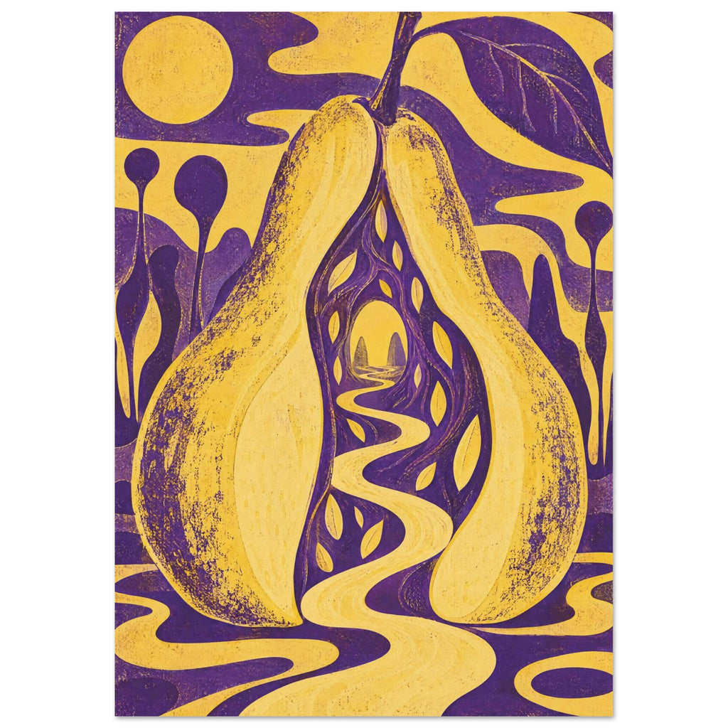 Yellow pear split around a winding path through a purple tunnel, with a large leaf and flowing yellow and purple shapes.