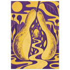 Yellow pear split around a winding path through a purple tunnel, with a large leaf and flowing yellow and purple shapes.