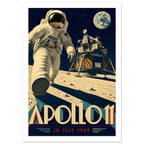 Astronaut on the Moon beside a lunar module, with Earth above and bold Apollo 11 lettering dated 20 July 1969.