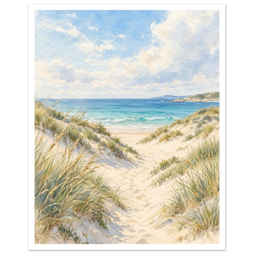 Sand dunes with grasses and footprints leading to turquoise waves beneath a blue sky with soft white clouds.
