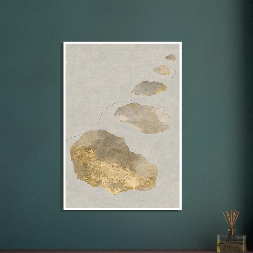 Irregular beige, grey and gold-coloured shapes ascend a pale textured background, with a fine dark line curving between them.