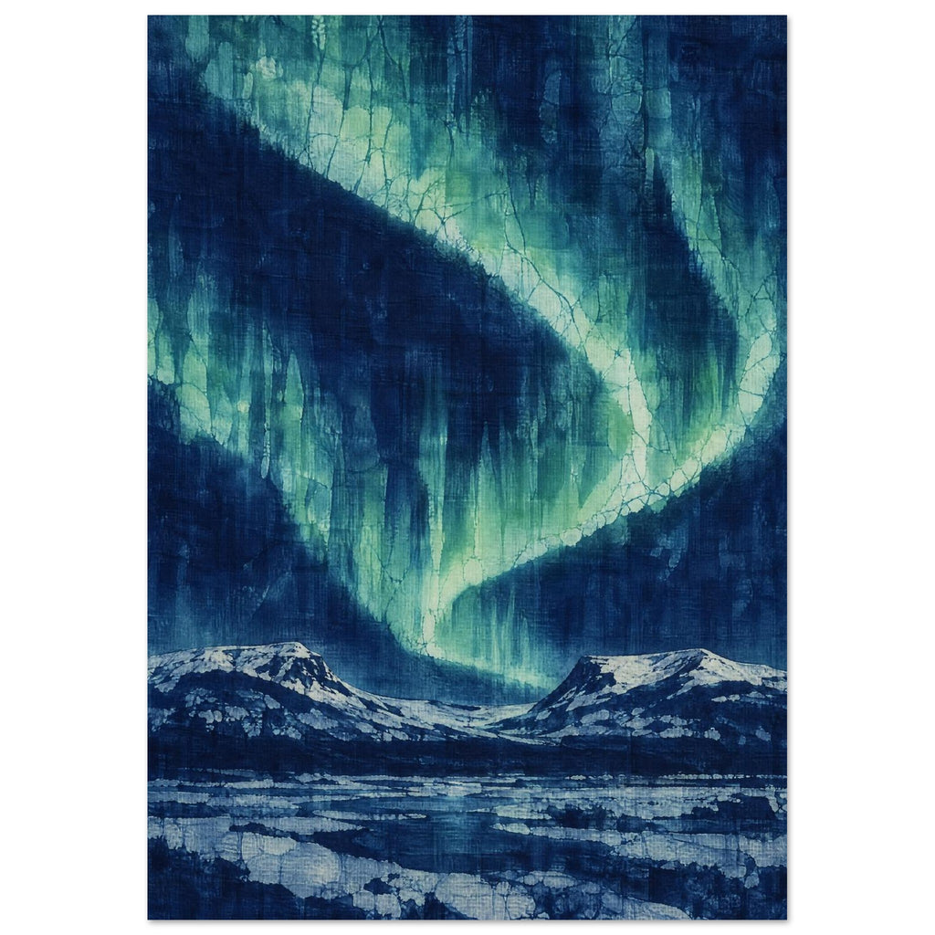 Green northern lights sweep across a deep blue sky above snowy mountains and an icy foreground, with crackled textures.
