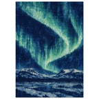 Green northern lights sweep across a deep blue sky above snowy mountains and an icy foreground, with crackled textures.