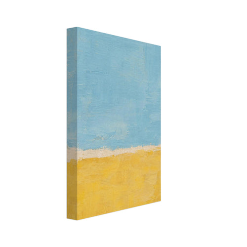 Abstract colour blocks with pale blue above warm yellow, textured brush marks and an uneven cream divide.