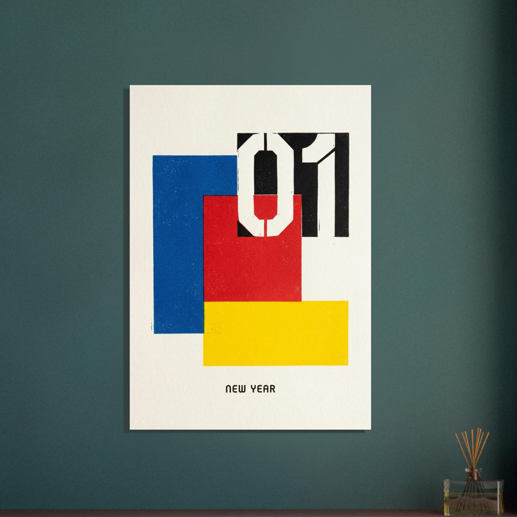 New Year design with overlapping blue, red and yellow rectangles, large black and cream numerals and lettering below.