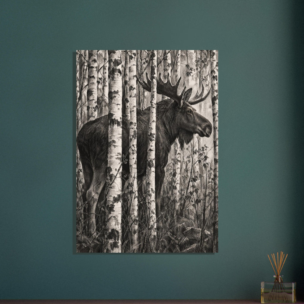 Moose with broad antlers standing among pale birch trunks, with detailed dark shading, thin branches and rocks below.