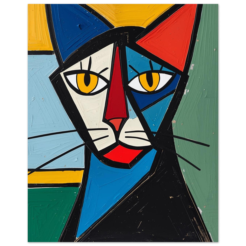 Cubist cat with yellow eyes, angular blue, cream and red features, and black whiskers against a colourful background.