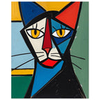 Cubist cat with yellow eyes, angular blue, cream and red features, and black whiskers against a colourful background.