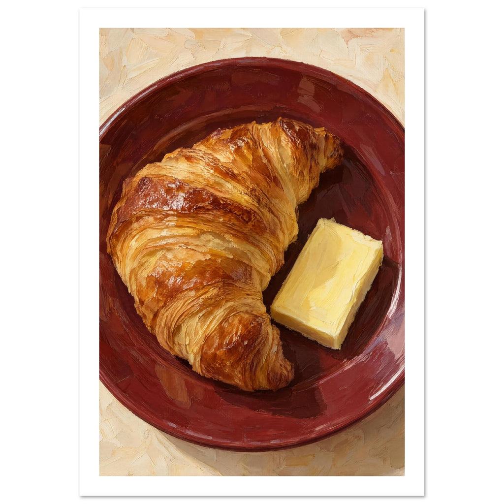 Golden croissant and a rectangular pat of butter on a burgundy plate, painted with textured brushstrokes on cream.
