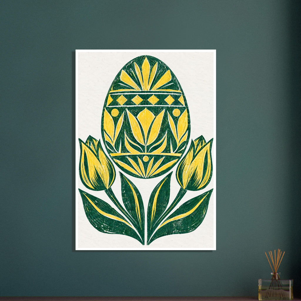 Yellow and green patterned Easter egg above two yellow tulips and sweeping green leaves on a cream background.