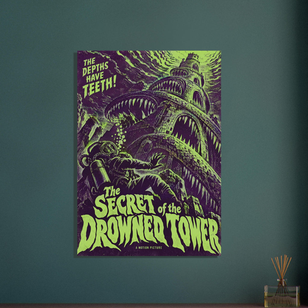 Diver facing an underwater tower filled with tooth-lined mouths, with lime green horror lettering on deep purple.