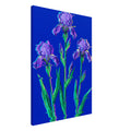 Three purple irises with green stems and pointed leaves on cobalt blue, interrupted by colourful horizontal glitch lines.